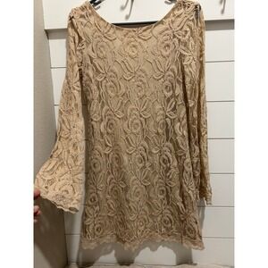 Love Fire Tan Beige Floral Lace Long Sleeve Mini Dress Boho Scallop Hem Medium
